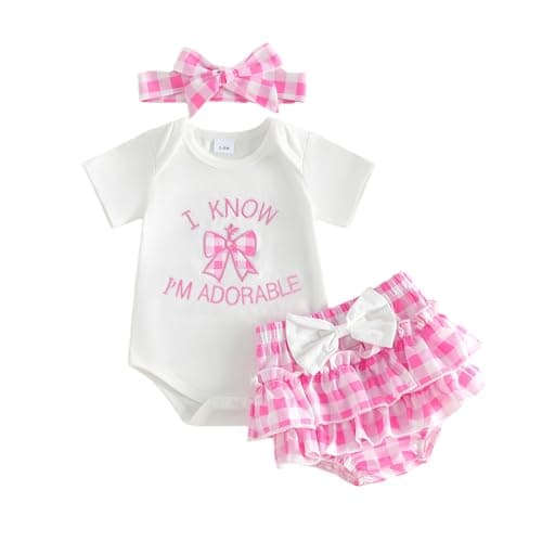 Image of XIXIMAON Adorable Newborn Summer Clothes Baby Girl Letter Embroidery Short Sleeve Romper Plaid Ruffle Shorts Headband Set 3pcs Infant Toddler Girl Bow Outfits (Pink, 0-3 Months)