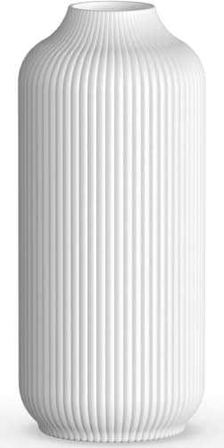 Image of Ribbed White Ceramic Vase - Decorative Flower Vase for Pampas Grass - White vases For Home Living Room & Boho Home Decor - Table Dining (white)