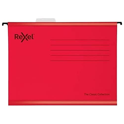 Image of Rexel Classic Foolscap Reinforced Suspension Files for Filing Cabinets 15 mm V base, 100 Percent Recycled Card, Red, Pack of 25, 2115592