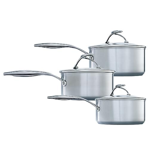 Image of Circulon SteelShield Stainless Steel Saucepan Set of 3 - Induction Suitable Saucepans 16/18/20cm with Hybrid Non Stick, Glass Lids & Stay Cool Handles, Dishwasher Safe Cookware