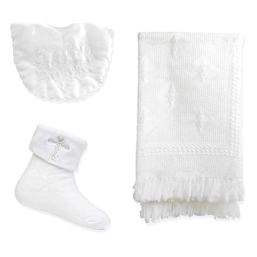 Image of Baby Togs White Baby Christening Set - Shawl, Bib & Socks Baptism Gift Set for Baby Boys and Girls 0-6 months & 6-12 months White 0-6 Months