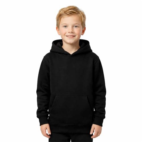 Image of KHIM Kids Plain Fleece Hoodie, Boys and Girls Pullover Sweatshirt with Kangaroo Pocket, Brushed Inner Fleece Casual Jumper Hoody, 9-10 Years, Black