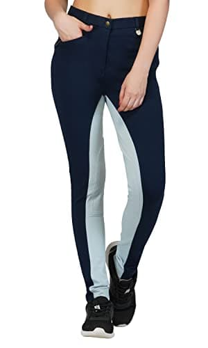 Image of Avon Equine Horse Riding Child Soft Stretchy Jodhpurs JODS JODPHURS Child/Girls Cotton Lycra Soft Jods Knee Patch Equestrian Jodh Children Pants Two Tone_Navy/Baby Blue_18