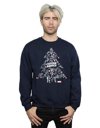 Image of Marvel Men's Captain America Christmas Tree Sweatshirt Navy Blue Medium