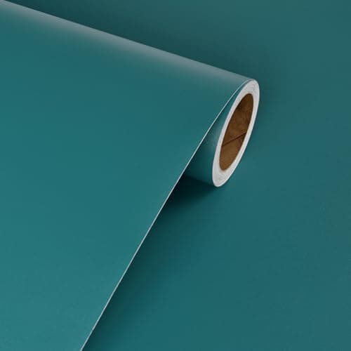 Image of Livelynine Teal Blue Wallpaper Peel and Stick Wall Paper Roll for Bedroom Bathroom Waterproof Solid Blue Green Vinyl Wrap for Kitchen Cupboards Matte Sticky Back Plastic Furniture Table Top 40CMx2M