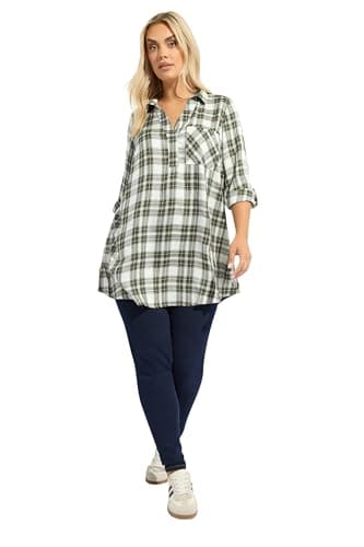 Image of Yours Curve Green Check Overhead Shirt - Women's - Plus Size Curve