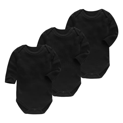 Image of OPAWO Baby Bodysuit 3 Pcs, 100% Organic Cotton Long Sleeve Comfortable Button Baby Vest for Unisex Girls & Boys, Cute Baby Grow Onesie (Black L,3-6 Months)