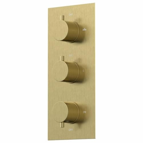 Image of Architeckt® Thermostatic Bathroom Shower Mixer Valve Concealed Triple Outlet Wall Mounted Round Controls Diverter Modern, Brushed Brass