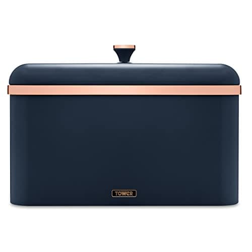 Image of Tower T826130MNB Cavaletto Bread Bin with Removable Lid, Large Capacity, Durable Steel Body, Midnight Blue and Rose Gold