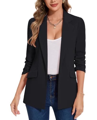 Image of MINTLIMIT Open Front Blazer for Women 3/4 Ruched Sleeve Jacket Suit Casual Notched Lapel (Black M)