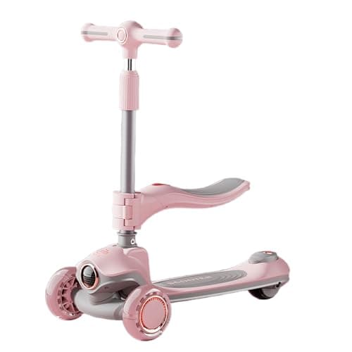 Image of GASENDALA 3-in-1 Kids Scooter with Foldable Seat, Flashing LED Wheels & Music, Adjustable Height Kick Scooter for Boys Girls Aged 2-8, Light Up Toddler Scooter - Pink/Black (Cherry pink)