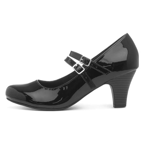 Image of Lilley Womens Black Patent Double Strap Court Shoe - Size 6 UK - Black