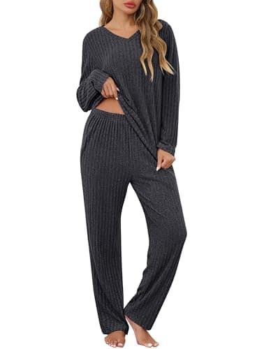 Image of Lovasy Pyjamas for Women Ladies Ribbed 2 Piece Outfits Loungewear Sets Leisure Suits Soft Womens Pyjamas Set V Neck Long Sleeve Jumpers and Wide Leg Trousers with Pockets,Dark Grey,M