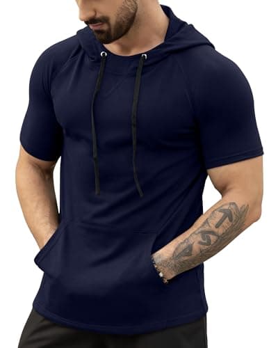 Image of AIYINO Men's Short Sleeve Hoodie Workout Gym Sweatshirt Muscle Fit Fashion Athletic Hoodies Pullover Hooded T-Shirts L Navy