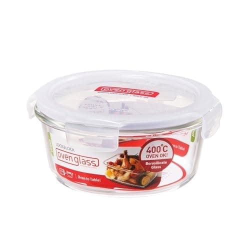 Image of LocknLock Eco Ovenglass Glass Food Storage Containers with Lids 650ml - Airtight, Leakproof Round Glass Food Container with Recycled Plastic Lid, Oven Safe, Dishwasher Safe, Diameter 15.5 x 7.5cm