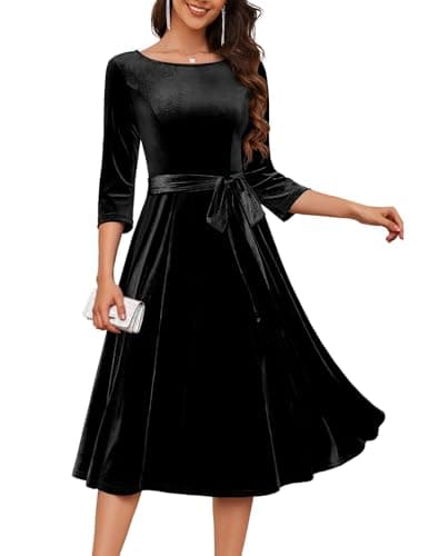 Image of DRESSTELLS Black Velvet Dresses for Women, Vintage Wedding Guest Velour Dress Knee Length, 3/4 Sleeve Church Formal Party Holiday Prom S