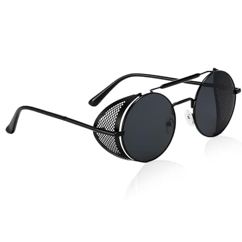 Image of Duluok Retro Round Polarised Steampunk Sunglasses, Steampunk Retro Round Unisex Eyewear Glasses UV400,Side Shield Goggles Gothic Sun Glasses for Women Men, Black Matel Frame