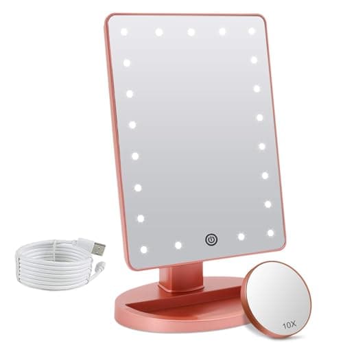 Image of FASCINATE Makeup Vanity Mirror with Lights and Detachable 10X Magnification, 21 Led Lights Adjustable Dimming Touch Sensor, Dual Power Supply, 180° Rotation, Portable Cosmetic Mirror(Rosegold)