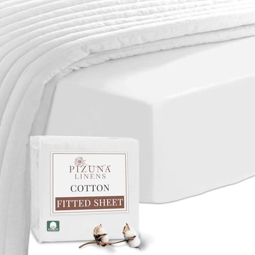 Image of Pizuna 100% Cotton Double Fitted Sheet White, 400 Thread Count Long Staple Cotton Fitted Bed Sheets Double 140x200 cm, Sateen Weave 40 cm Deep Fitted Sheets for Double Bed 1 PC White