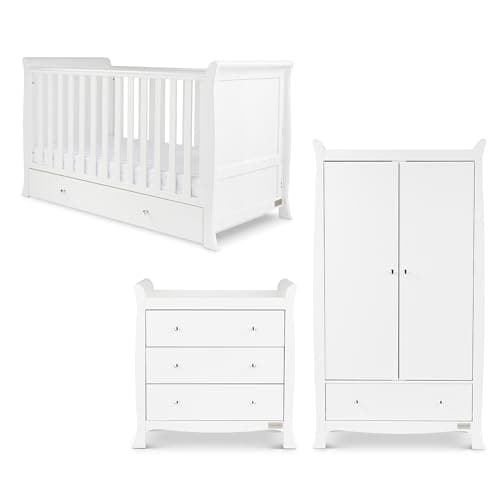 Image of Ickle Bubba Snowdon Classic 3pc Nursery Furniture Set with All Seasons Pocket Sprung Mattress – 4-in-1 Sleigh Cot Bed (Fits 140x70cm Mattress) with Under Drawer Storage, Changing Unit & Wardrobe