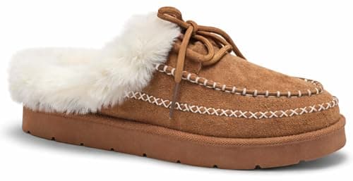 Image of AB Hats and Accessories Women's Plush Faux Fur Lined Moccasin Mule Slippers Aztec Embroidered Cushioned Footbed Slip On (Chestnut, 4, UK Footwear Size System, Adult, Women, Numeric, Medium, 4)