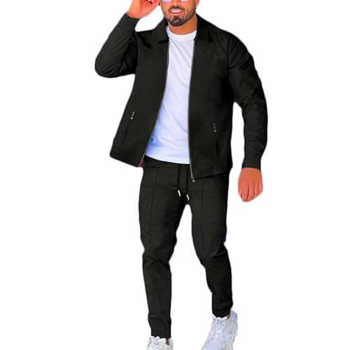 Image of RLEHJN Tracksuit Mens Full Set UK Sale Clearance 2 Piece Waffle Solid Color Jacket and Joggers Tracksuit Lapel Collar Full Zip Tops Jogging Bottoms Gym Casual Exercise Running Sport Lounge Wear