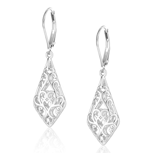 Image of Silver Dangle Earrings for Women, Hypoallergenic 925 Sterling Silver Hollow Filigree Waterdrop Dangling Leverback Earrings, Geometric Lightweight Dangly Drop Earings for Women Trendy Jewelry Gifts