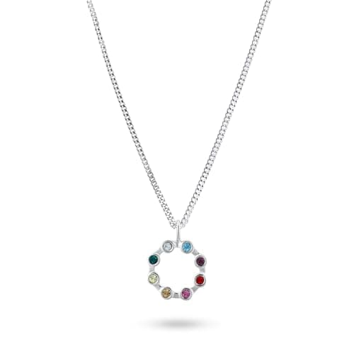 Image of Heather Needham Sterling Silver Multi Colour CZ Open Circle Pendant Necklace, 13mm Rainbow Cubic Zirconia Halo Charm, 16 inch Chain + 2 inch Extender, Gift Boxed 037MTCZ