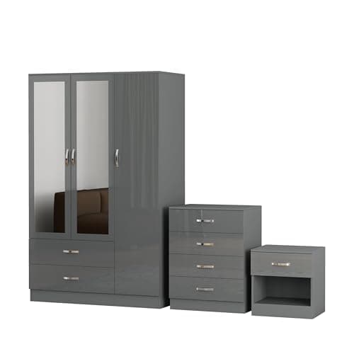 Image of Nera 3 Door Wardrobe Set 3 Piece with Mirror Chest of Drawers Bedside Table for Bedroom Storage (High Gloss Grey Door(Matt Grey Carcass))