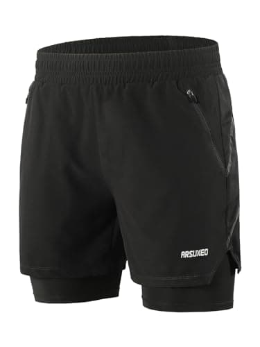 Image of ARSUXEO Men's 2 in 1 Active Running Shorts with 2 Zipper Pockets B191 Black M