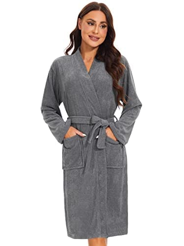 Image of Ymmchy Women Bathrobes Lightweight Dressing Gown Terry Towelling Bath Robe Shawl Collar Robes Grey M