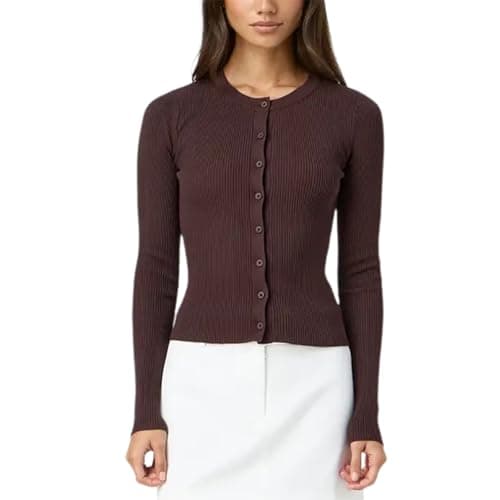 Image of FeMereina Women Y2K Button Front Crop Sweater Cardigan Solid Color Crew Neck Long Sleeve Knit Fall Tops Streetwear Knitted Crop Cardigan Shirt (Dark Brown, L)