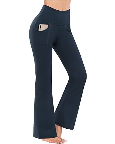 Image of Promover Flared Trousers Women Bootcut Yoga Pants for Women Sports Leggings Stretch High Waist Workout Bootleg Tummy Control Work Trousers(Navy Blue （with Pockets）,S,Regular)
