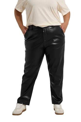 Image of Yours Curve Faux Leather Straight Leg Trousers - Women's - Plus Size Curve Black