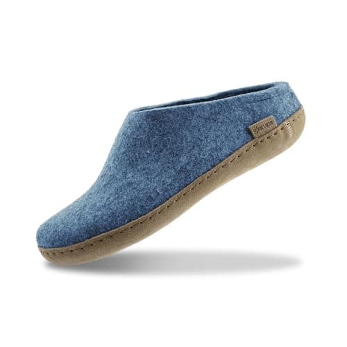 Image of GLERUPS Slip On Slippers Women and Men (Size 9) | Blue Unisex Slip-on Wool Slippers with Leather Sole | Comfy Slippers Women Men | Cosy Gents and Ladies Slippers