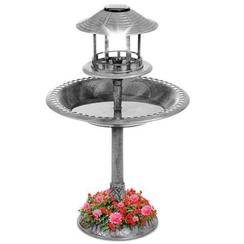 Image of Gr8 Garden Grey Plastic Pedestal Free Standing Wild Bird Bath Outdoor Garden Feeder Feeding Table Station Plant Flower Planter Statue Ornament With Solar Power Lamp Light