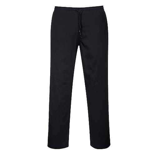 Image of Portwest C070 Chef Trousers Unisex Drawstring Elasticated Waist Kitchen Workwear Catering Trousers Work Trousers Hard Wearing Stain Resistant Polycotton 3 Pockets, Regular, Black, L