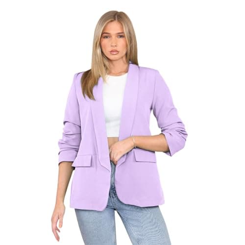 Image of Hiffy Women's Ruched Sleeve Fully Lined Blazer Ladies Open Collared Casual Office Formal Jacket Top (UK, Alpha, M, Regular, Regular, Lilac)