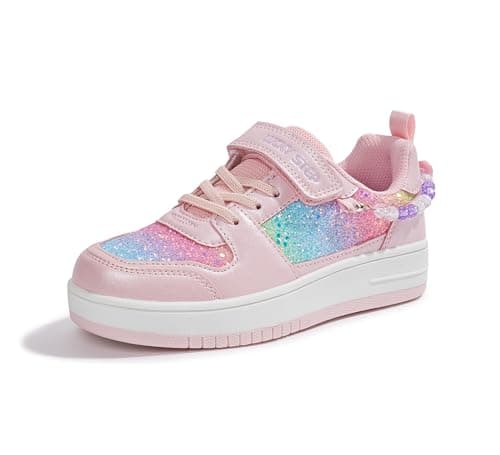 Image of LUCKY STEP Girl's Glitter Sneakers Slip On Hook and Loops Athletic Sparkly Beads Casual Tennis School Party Cute Running Shoes for Children/Girls/Kids (Pink/Rainbow, 13US-31EU-12UK)