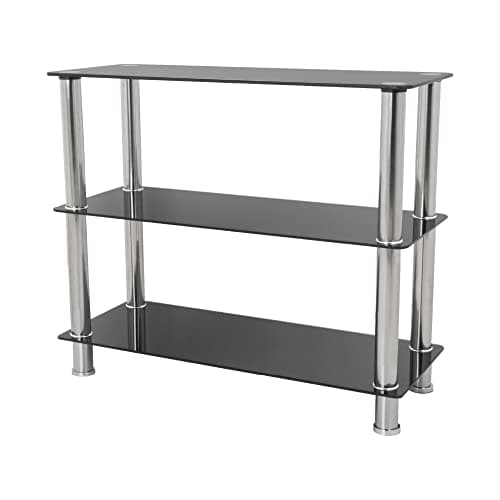 Image of mahara Black Glass Shelving Unit - 3 Tier Rectangular Tempered Safety Glass Shelves Max 7kg Each Shelf - Premium Storage Unit W90cm x D36cm x H76cm - Bedroom, Living Room, Home Accessories, Bathroom