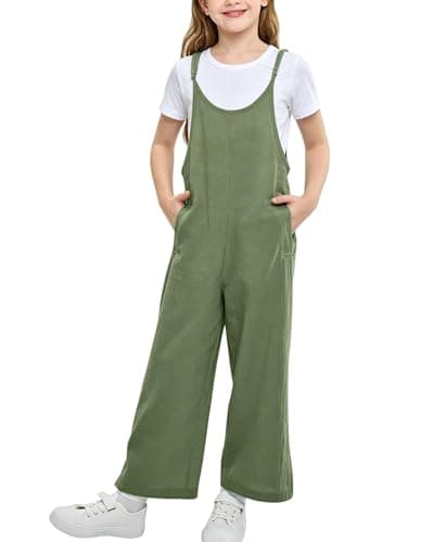 Image of Rolanko Girls Jumpsuit Adjustable Spaghetti Strap Loose Overalls Rompers, Cotton Baggy Plain Playsuits with Pockets for Age 5-12 Years, Green, Size: 8-9 Years, 140