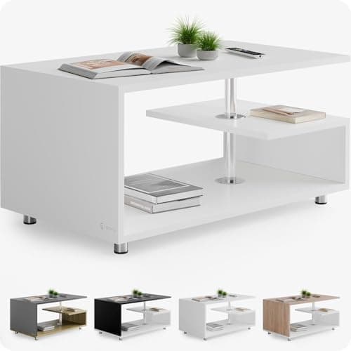 Image of CASARIA® Wood Modern Coffee Table | 3 Tiers | Shelf Storage Space | Height Adjustable | 95x55 cm | Wooden, Scratch-Resistant | Modern Side Table for Living Room | White