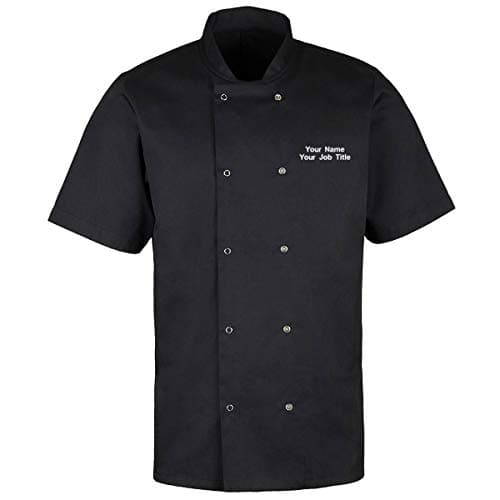 Image of Workwear World Personalised Essential Value Unisex Short Sleeve Stud Fastening Chef Jacket with Custom Embroidered Name (L, Black)