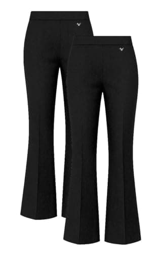 Image of Pack of 2 - Girls Flared Jersey School Trousers Pull Up Wide Leg School Uniform Butterfly Pendant Ages 3-16y Black