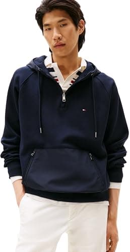 Image of Tommy Hilfiger Men’s Mix Media Quarter Zip Hoodie with Zipped Kangaroo Pocket, Blue (Desert Sky), M