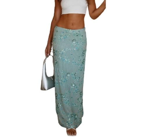 Image of FeMereina Women Y2K Sequin Long Skirt Sparkle Rhinestone Floral Maxi Skirt High Waist Glitter Midi Skirt Going Out (Mint, L)