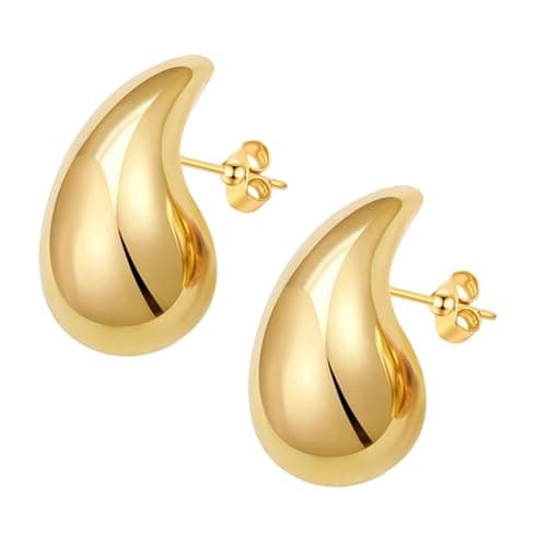 Image of Chunky Gold Hoop Teardrop Earrings - Lightweight, Hypoallergenic Gold Plated Fashion Jewelry for Women & Girls