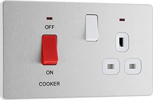 Image of BG Electrical Cooker Switch with Socket and LED, Cooker Control Unit, Control Socket, Double Pole, Screwless Front Plate, Evolve, Brushed Steel, 45A, PCDBS70W