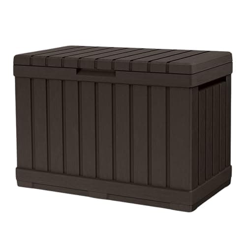 Image of Keter Kentwood 190L Outdoor Resin Garden Storage Box, Brown | Weatherproof Wood‑Effect Panels | Stores Cushions, Garden Tools & Outdoor Accessories | Lockable Lid & Extra Seating