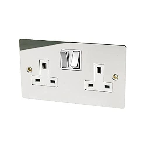 Image of A5 SOC2GCFWC 2 Gang-Polished Chrome Flat-White Insert Metal Switch-13A Double Wall Plug Socket,White,Black